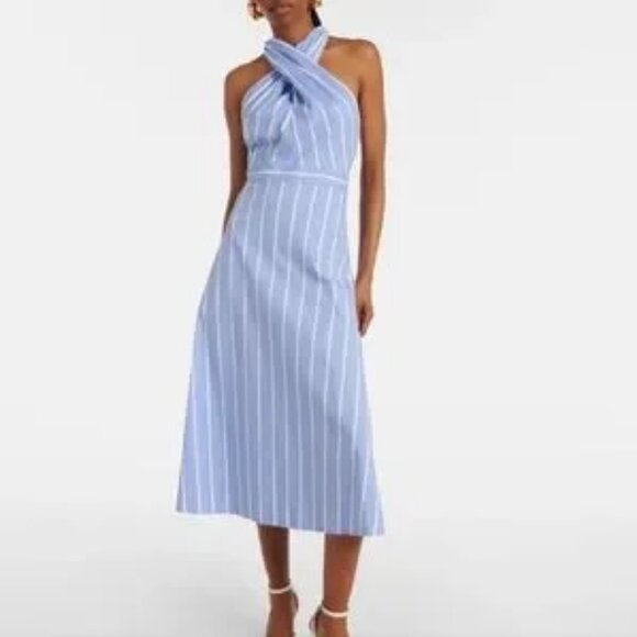 Womens Veronica Beard Baylee Blue White Striped Poplin Halter Midi Dress 8 - Picture 1 of 14